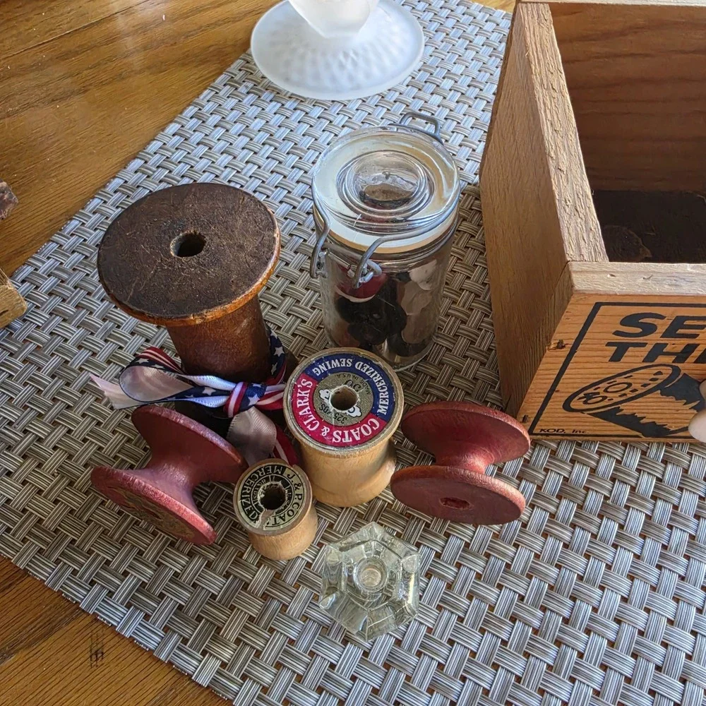 Vintage Inspired Wooden Sewing Thread Box w/ Porcelain Knob & Vintage Wood...